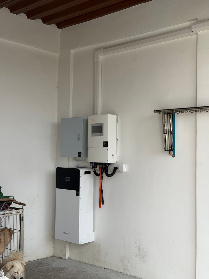 Inverter, protection box and battery in their corner, orange battery cable and black conduit dressed down.